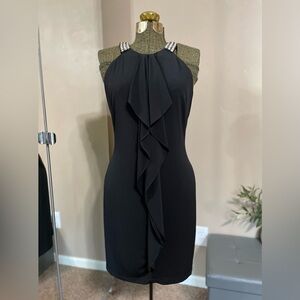 David Meister Black Rhinestone Halter Cocktail Dress Cascade Glam Party EUC